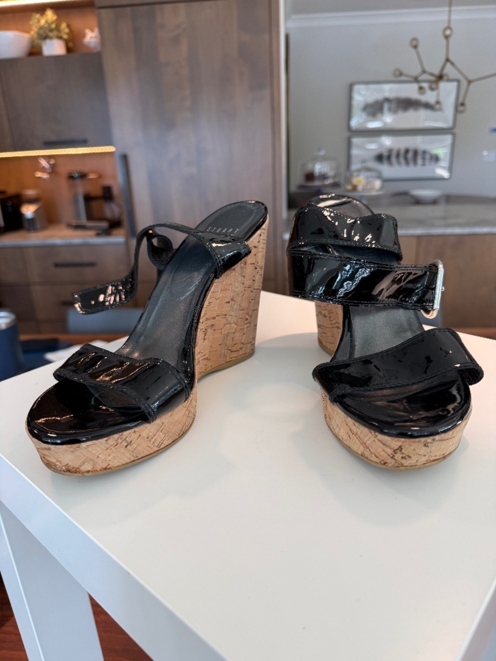 Stuart Weitzman Black Patent Cork Platform Wedge Sandals 9